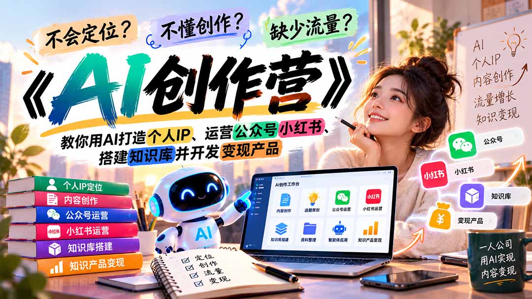 （21088期）不会定位、不懂创作、缺少流量？《AI创作营》教你用AI打造个人IP、运营公众号小红书、搭建知识库并开发变现产品-知创网