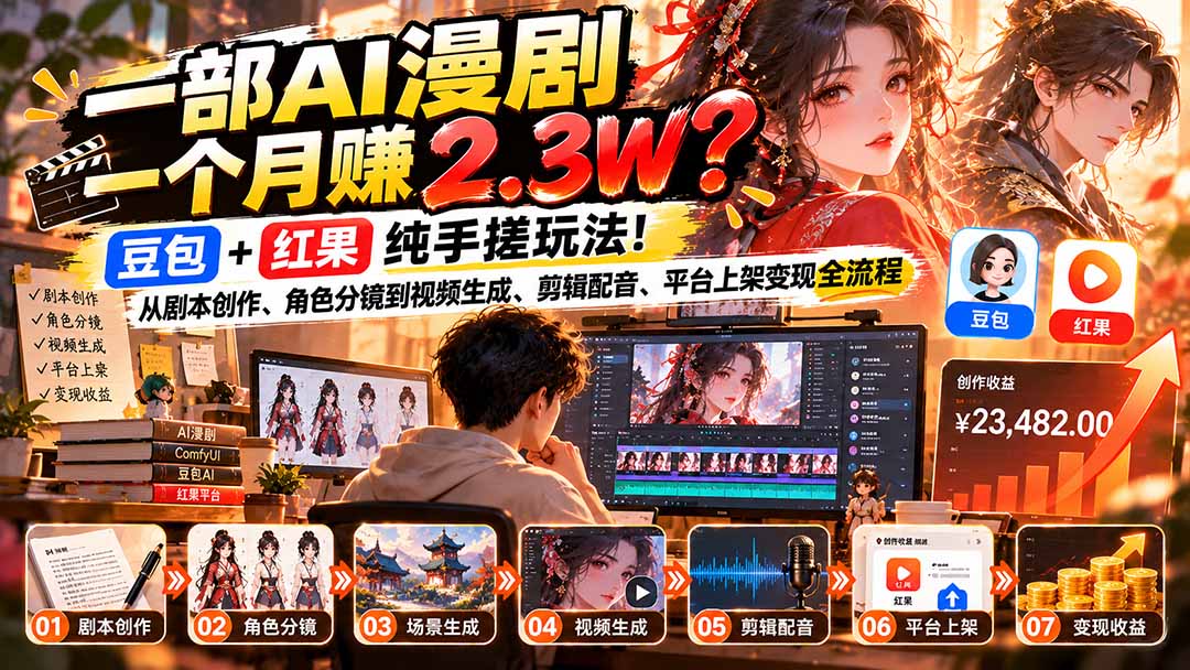 （21089期）一部AI漫剧一个月赚2.3W？豆包+红果纯手搓玩法！从剧本创作、角色分镜到视频生成、剪辑配音、平台上架变现全流程-知创网