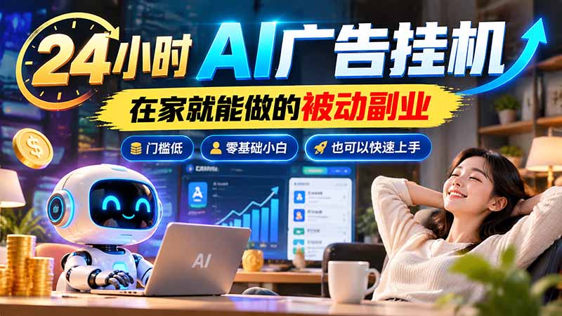 （21118期）24小时AI广告挂机｜在家就能做的被动副业，门槛低，零基础小白也可以快速上手-知创网