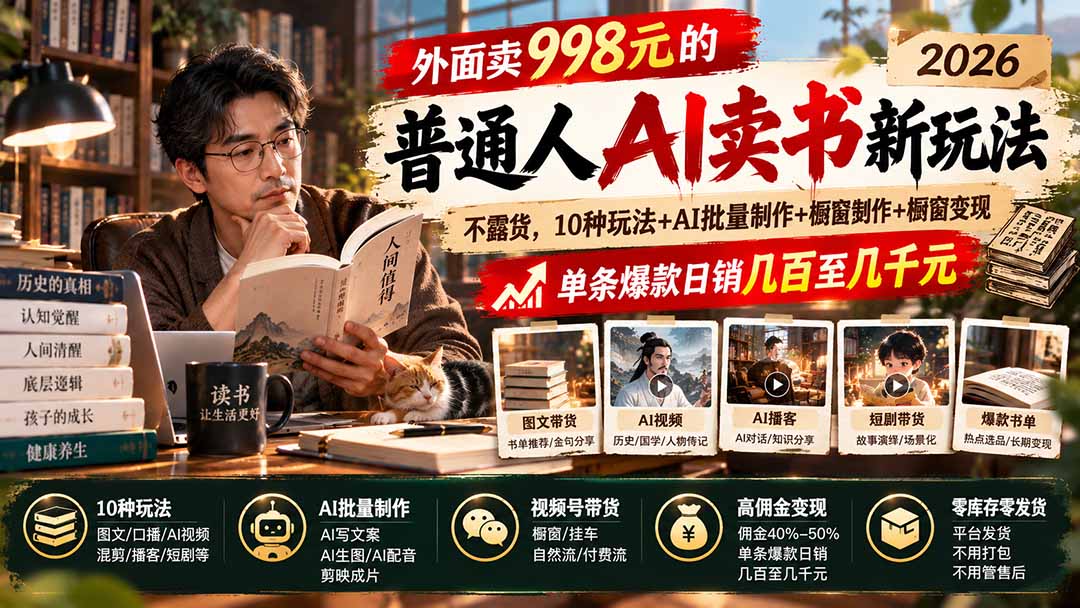 （20909期）外面卖998元的2026普通人AI卖书新玩法：不露脸、不囤货，10种玩法+AI批量制作+橱窗变现，单条爆款日销几百至几千元-知创网