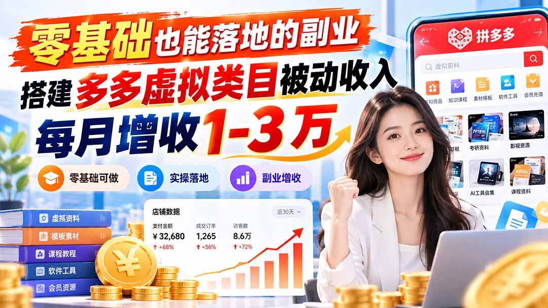 （20870期）零基础也能落地的副业，搭建多多虚拟类目被动收入，每月增收 1-3 万-知创网