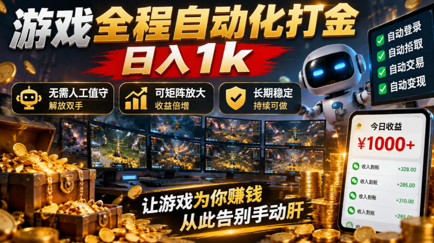 （21119期）游戏全程自动化打金，日入1k，无需人工值守，解放双手，可矩阵放大，长期稳定！-知创网