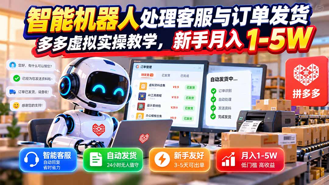 （20925期）智能机器人处理客服与订单发货，多多虚拟实操教学，新手月入 1-5W-知创网