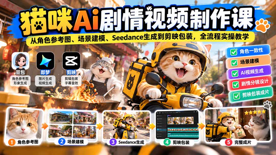 (20793期)猫咪AI剧情视频制作课:从角色参考图、场景建模、Seedance生成到剪映包装,全流程实操教学-知创网