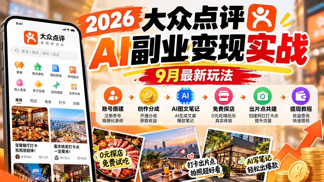 （20873期）2026大众点评AI副业变现实战9月最新玩法：账号搭建+创作分成+AI图文笔记+免费探店+出片点共建与提现教程-知创网