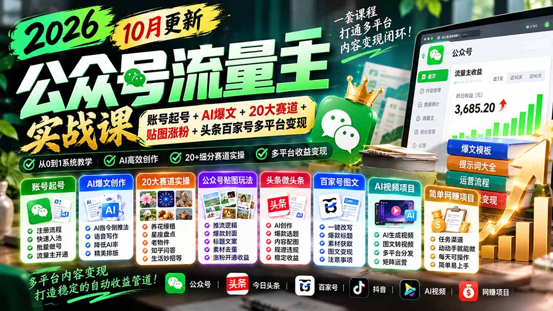 （20878期）2026公众号流量主实战课-10月更新：账号起号+AI爆文+20大赛道+贴图涨粉+头条百家号多平台变现-知创网