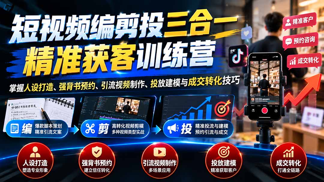 （20910期）短视频编剪投三合一精准获客训练营：掌握人设打造、强背书预约、引流视频制作、投放建模与成交转化技巧-知创网