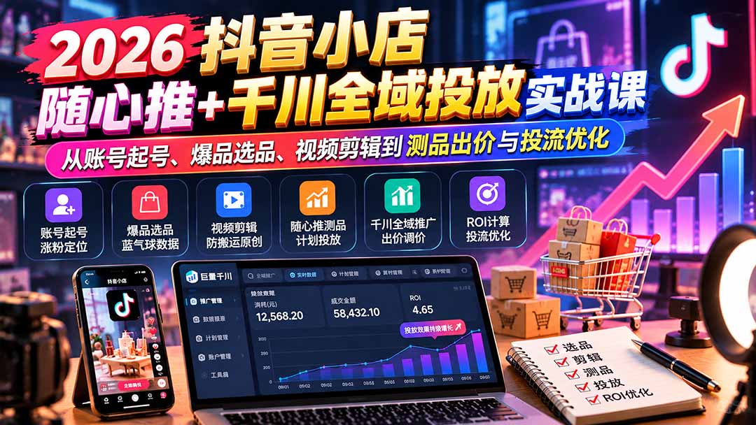 （20998期）2026抖音小店随心推+千川全域投放实战课：从账号起号、爆品选品、视频剪辑到测品出价与投流优化-知创网