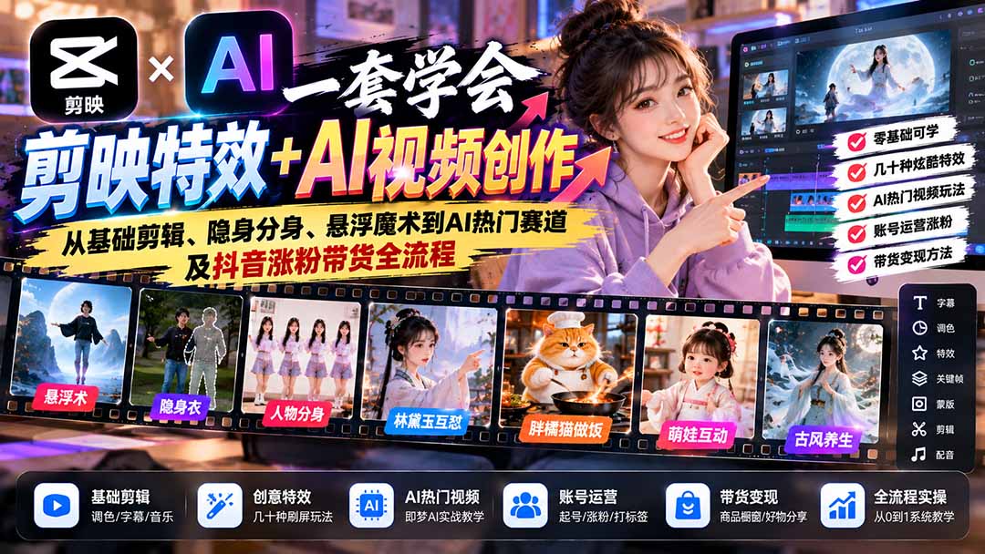 （20999期）一套学会剪映特效+AI视频创作：从基础剪辑、隐身分身、悬浮魔术到AI热门赛道及抖音涨粉带货全流程-知创网
