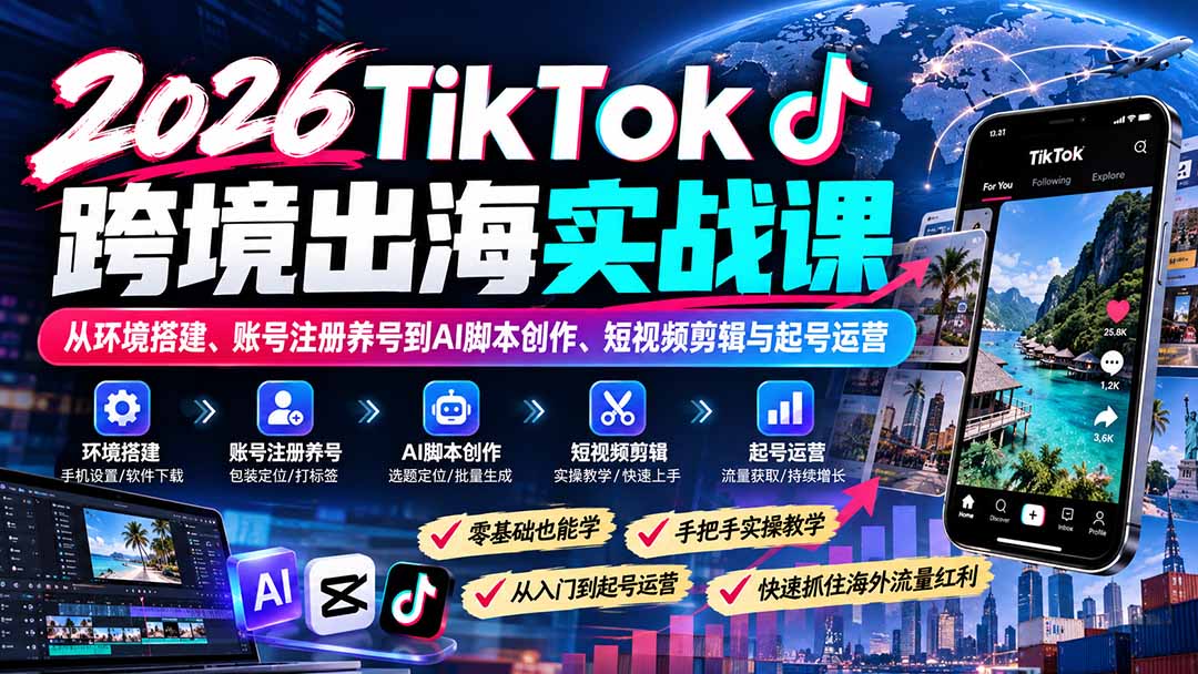 （21170期）2026TikTok跨境出海实战课：从环境搭建、账号注册养号到AI脚本创作、短视频剪辑与起号运营-知创网