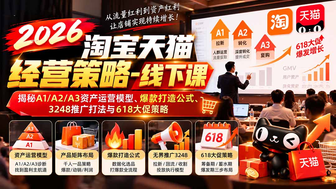 （20912期）2026淘宝天猫经营策略-线下课：揭秘A1/A2/A3资产运营模型、爆款打造公式、3248推广打法与618大促策略-知创网