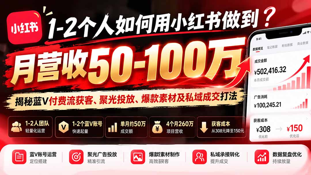 （20939期）1-2个人如何用小红书做到月营收50-100万？揭秘蓝V付费流获客、聚光投放、爆款素材及私域成交打法-知创网