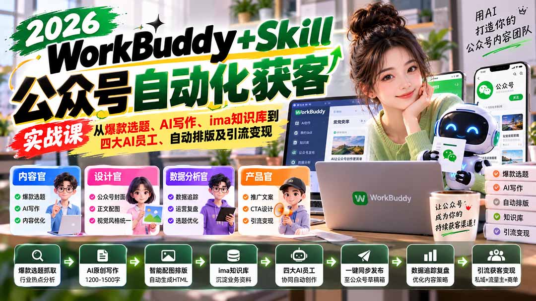 (21023期)WorkBuddy + Skill公众号自动化获客实战课:从爆款选题、AI写作、ima知识库到四大AI员工、自动排版及引流变现-知创网