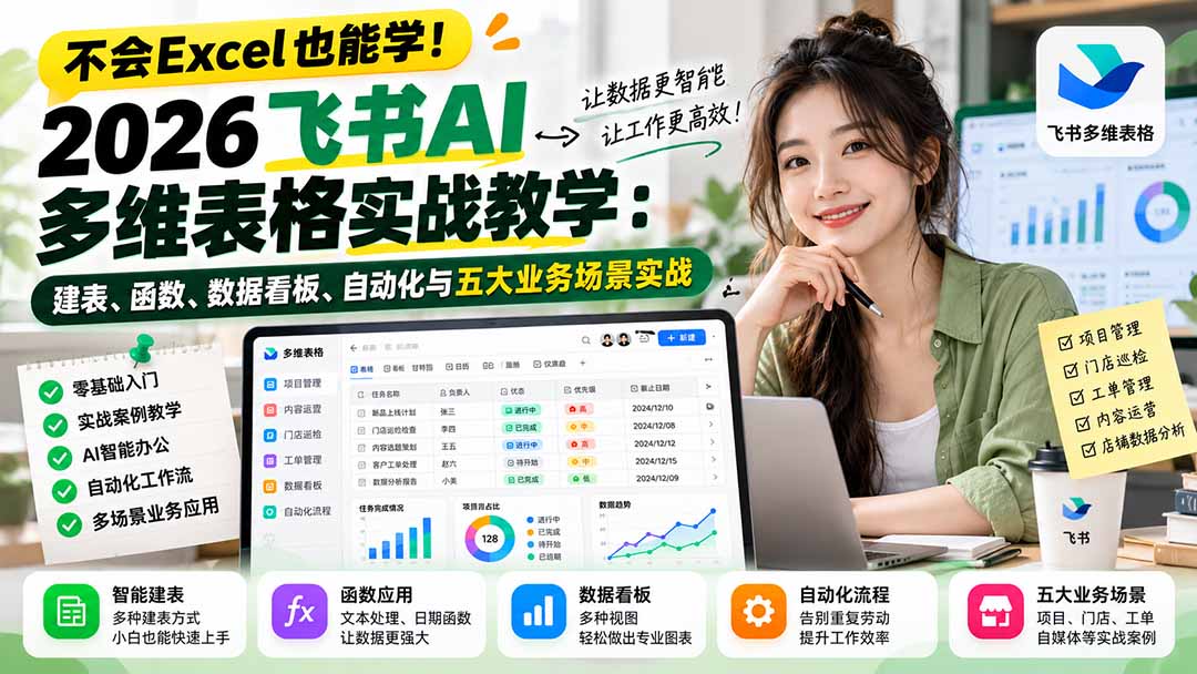 （21153期）不会Excel也能学！2026飞书AI多维表格实战教学：建表、函数、数据看板、自动化与五大业务场景实战-知创网