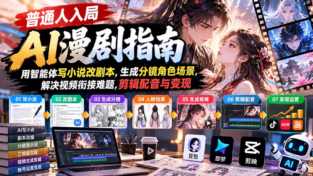 (21033期)【无水印】普通人入局AI漫剧指南:用智能体写小说改剧本,生成分镜角色场景,解决视频衔接难题,剪辑配音与变现-知创网