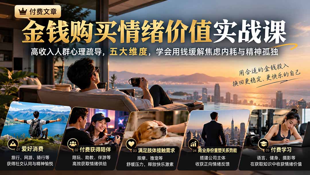 （20941期）付费文章：金钱购买情绪价值实战课｜高收入人群心理疏导，五大维度，学会用钱缓解焦虑内耗与精神孤独-知创网
