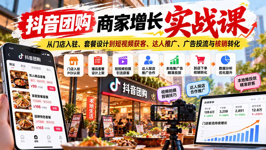 （20813期）抖音团购商家增长实战课：从门店入驻、套餐设计到短视频获客、达人推广、广告投流与核销转化-知创网