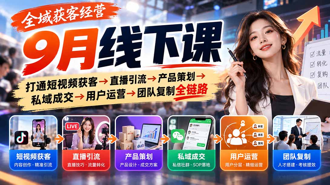（20777期）全域获客经营9月线下课：打通短视频获客→直播引流→产品策划→私域成交→用户运营→团队复制全链路-知创网