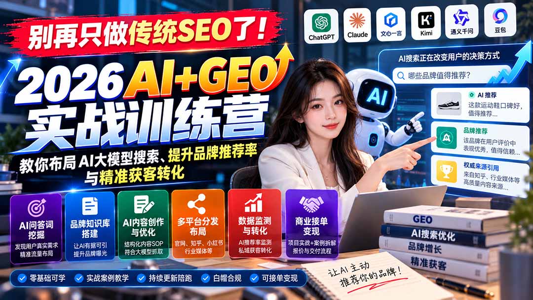 （21191期）别再只做传统SEO了！《2026AI+GEO实战训练营》教你布局AI大模型搜索、提升品牌推荐率与精准获客转化-知创网