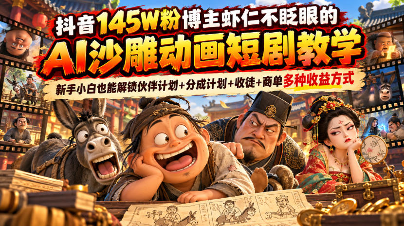 抖音145W粉博主虾仁不眨眼的AI沙雕动画短剧教学,新手小白也能解锁伙伴计划+分成计划+收徒+商单多种收益方式-知创网