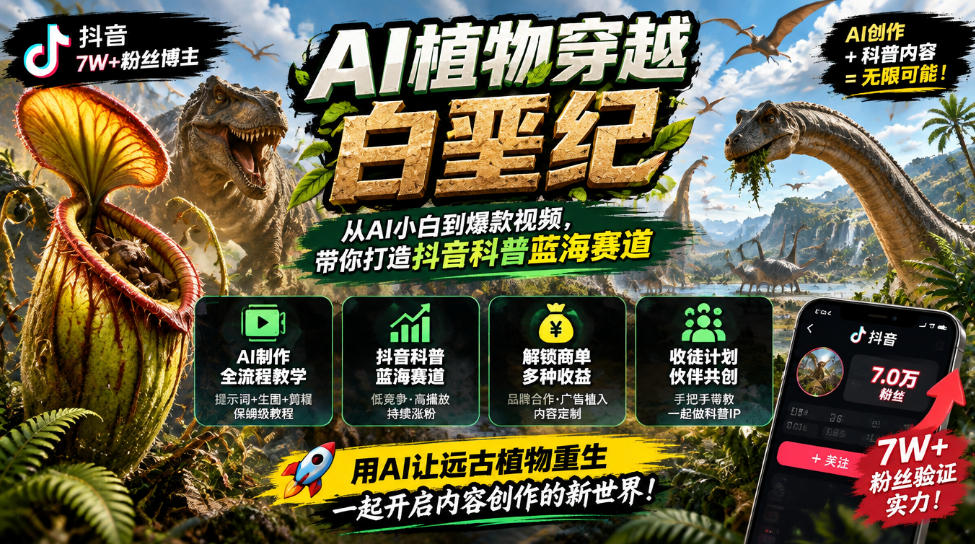 抖音7W粉丝博主的AI植物穿越白垩纪教学,抖音科普蓝海赛道,解锁商单收徒伙伴计划等多种收益-知创网