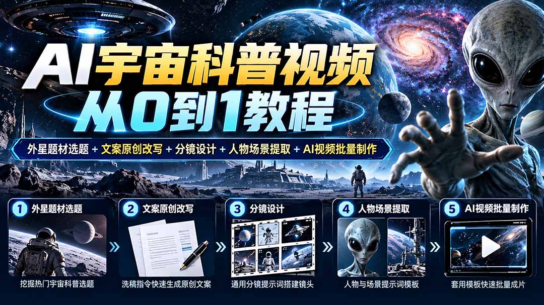 （20774期）AI宇宙科普视频从0到1教程｜外星题材选题+文案原创改写+分镜设计+人物场景提取+AI视频批量制作-知创网