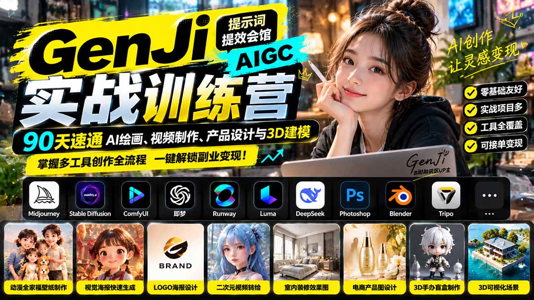 （21192期）GenJi AIGC实战训练营：90天速通AI绘画、视频制作、产品设计与3D建模，掌握多工具创作全流程-知创网