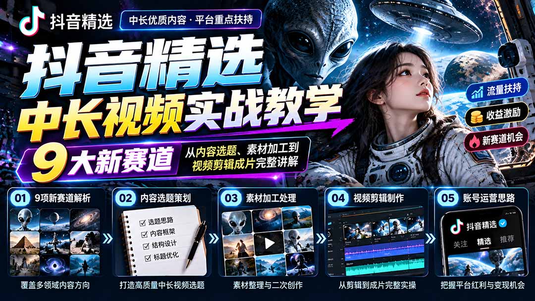 （20775期）抖音精选中长视频实战教学：拆解9项细分赛道，从内容选题、素材加工到视频剪辑成片完整讲解-知创网