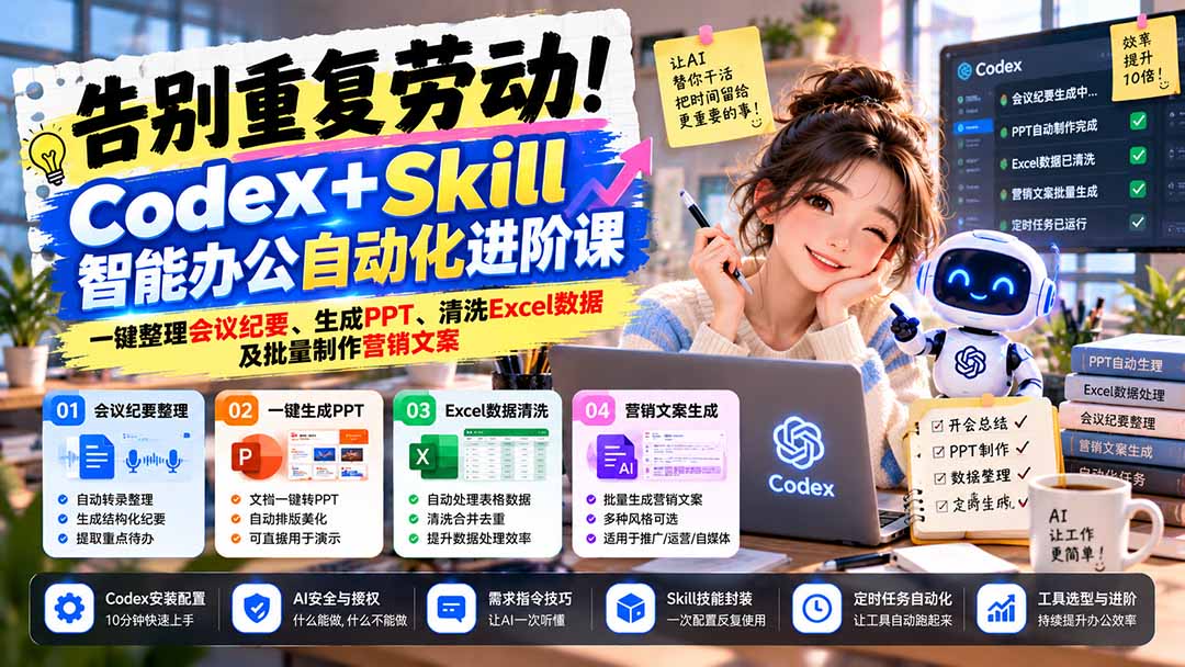 （21001期）告别重复劳动！Codex+Skill智能办公自动化进阶课：一键整理会议纪要、生成PPT、清洗Excel数据及批量制作营销文案-知创网