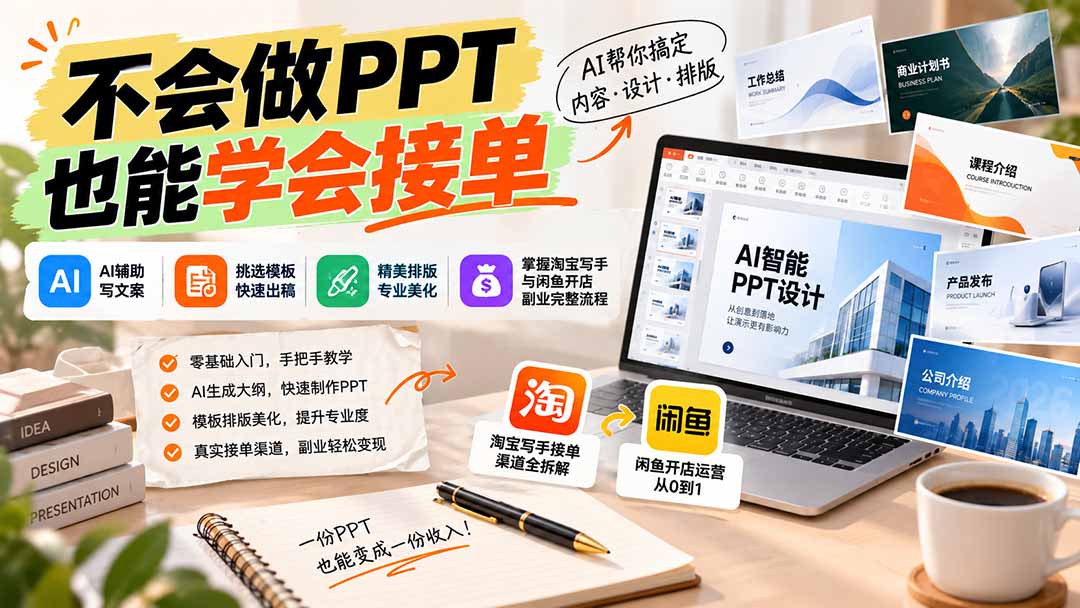 （20945期）不会做PPT也能学会接单：AI辅助写文案、挑模板、做排版，掌握淘宝写手与闲鱼开店副业完整流程-知创网