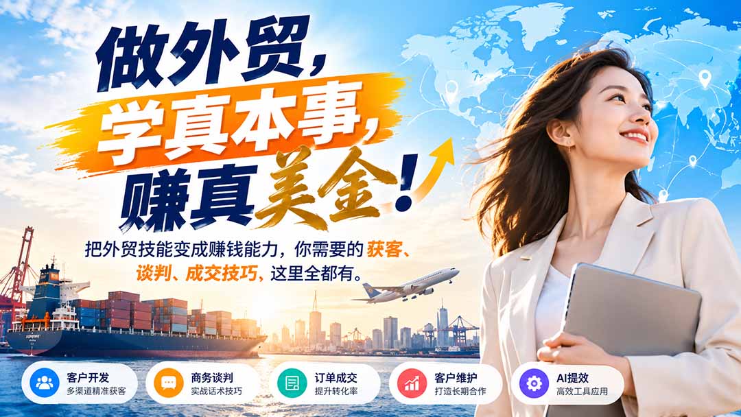 （21106期）做外贸，学真本事，赚真美金！把外贸技能变成赚钱能力，你需要的获客、谈判、成交技巧，这里全都有-知创网