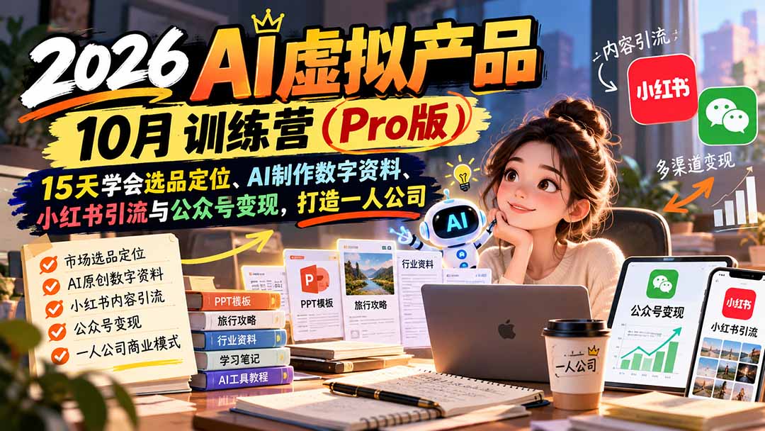 (21054期)2026AI虚拟产品10月训练营(Pro版):15天学会选品定位、AI制作数字资料、小红书引流与公众号变现,打造一人公司-知创网