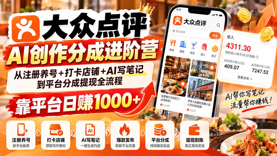 （20759期）大众点评AI创作分成进阶营：从注册养号+打卡店铺+AI写笔记到平台分成提现全流程，靠平台日赚1000+-知创网
