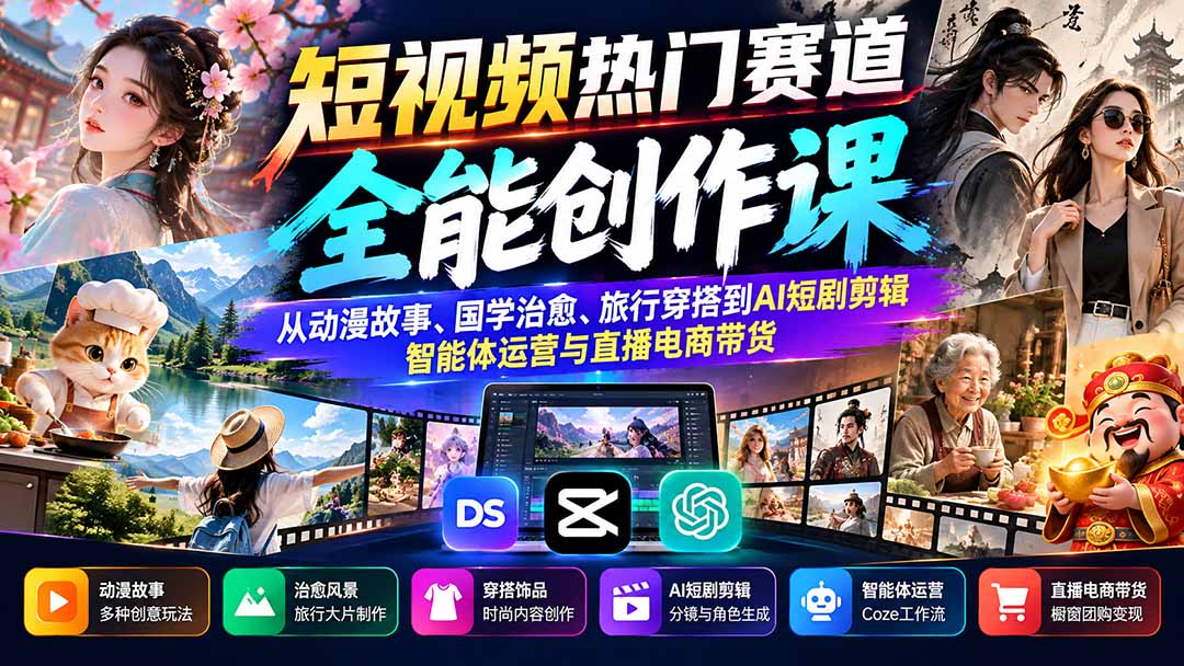 （20956期）短视频热门赛道全能创作课：从动漫故事、国学治愈、旅行穿搭到AI短剧剪辑、智能体运营与直播电商带货-知创网