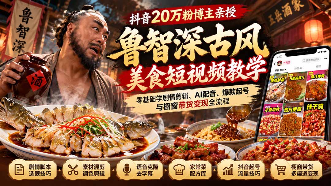 （21285期）抖音20万粉博主亲授鲁智深古风美食玩法：零基础学剧情剪辑、AI配音、爆款起号与橱窗带货变现全流程-知创网