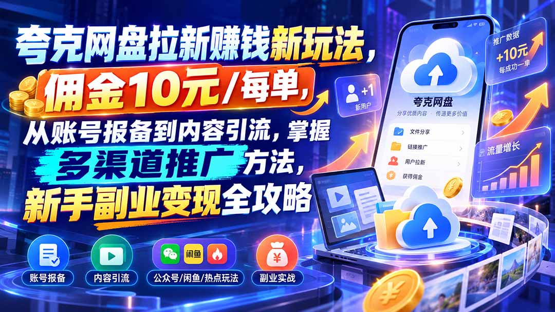 （21108期）夸克网盘拉新赚钱新玩法，佣金10元/每单，从账号报备到内容引流，掌握多渠道推广方法，新手副业变现全攻略-知创网