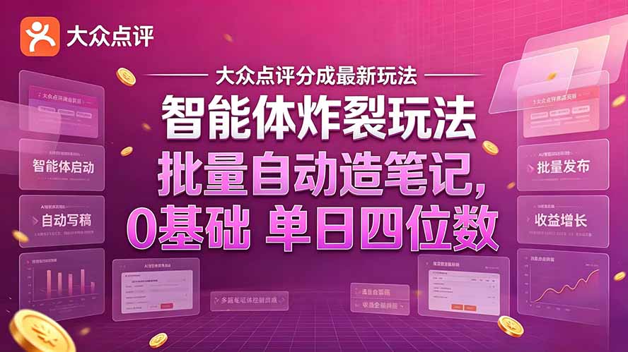 （21092期）大众点评分成最新智能体炸裂玩法！批量自动造笔记，0基础干到单日四位数-知创网