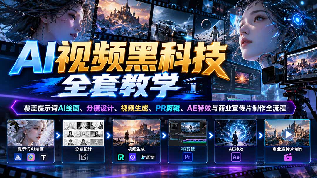 (21095期)AI视频黑科技全套教学:覆盖提示词AI绘画、分镜设计、视频生成、PR剪辑、AE特效与商业宣传片制作全流程-知创网