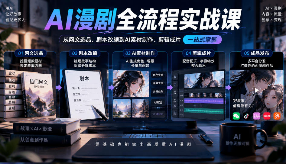 AI漫剧全流程实战课,覆盖从网文选品、剧本改编到AI素材制作、剪辑成片的完整链路-知创网