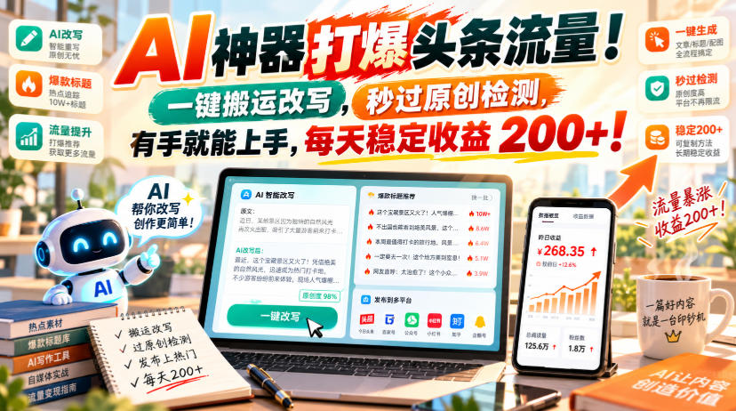 AI神器打爆头条流量,一键搬运改写,秒过原创检测,有手就能上手,每天稳定收益200+!【揭秘】-知创网