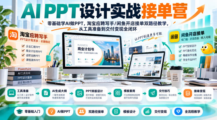 AI PPT设计实战接单营｜零基础学AI做PPT，淘宝应聘写手/闲鱼开店接单双路径教学，从工具准备到交付变现全闭环-知创网