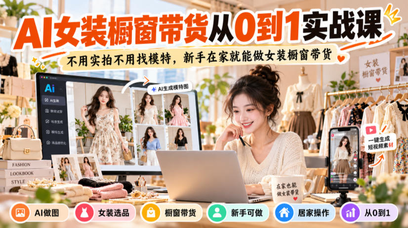AI女装橱窗带货从0到1实战课，不用实拍不用找模特，新手在家就能做女装橱窗带货-知创网