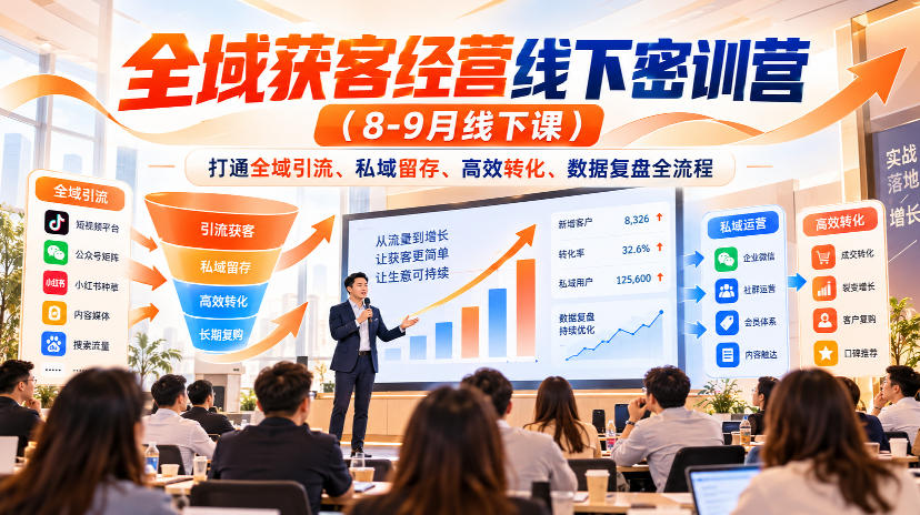 全域获客经营线下密训营（8-9月线下课），打通全域引流、私域留存、高效转化、数据复盘全流程-知创网