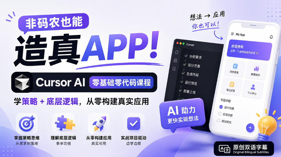非码农也能造真APP！Cursor AI零基础零代码课程：学策略+底层逻辑，从零构建真实应用【原创双语字幕】-知创网