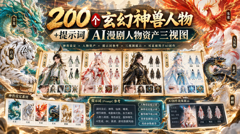 200个玄幻神兽人物+提示词ai漫剧人物资产三视图-知创网