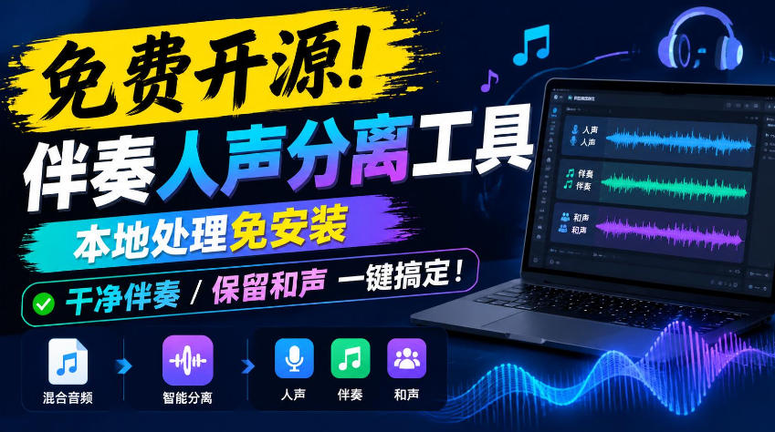 免费开源!伴奏人声分离工具,本地处理免安装,干净伴奏,保留和声一键搞定!-知创网