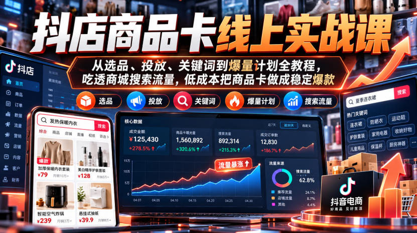 抖店商品卡线上实战课｜从选品、投放、关键词到爆量计划全教程，吃透商城搜索流量，低成本把商品卡做成稳定爆款-知创网