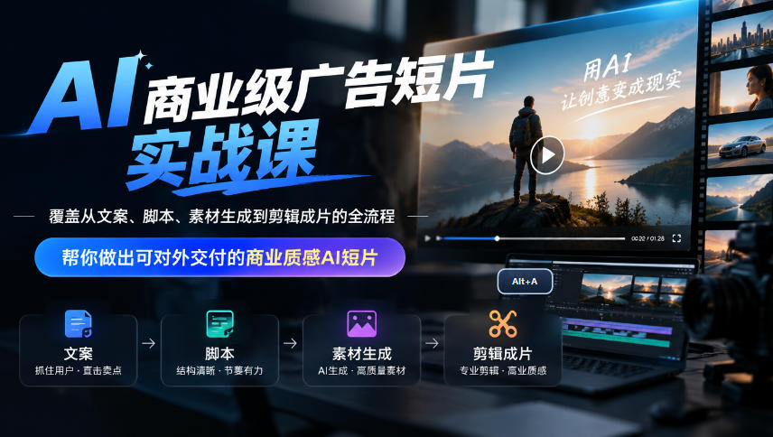 AI商业级广告短片实战课，覆盖从文案、脚本、素材生成到剪辑成片的全流程，帮你做出可对外交付的商业质感AI短片-知创网