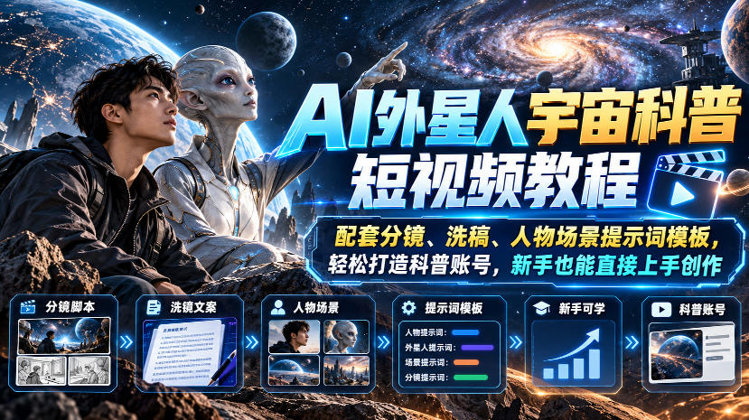 AI外星人宇宙科普短视频教程，配套分镜、洗稿、人物场景提示词模板，轻松打造科普账号，新手也能直接上手创作-知创网
