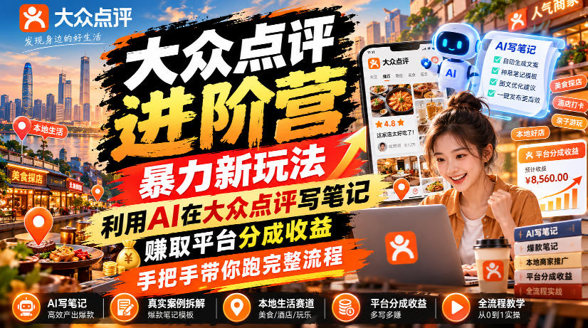 大众点评进阶营，暴力新玩法，利用AI在大众点评写笔记， 賺取平台分成收益，手把手带你跑完整流程-知创网
